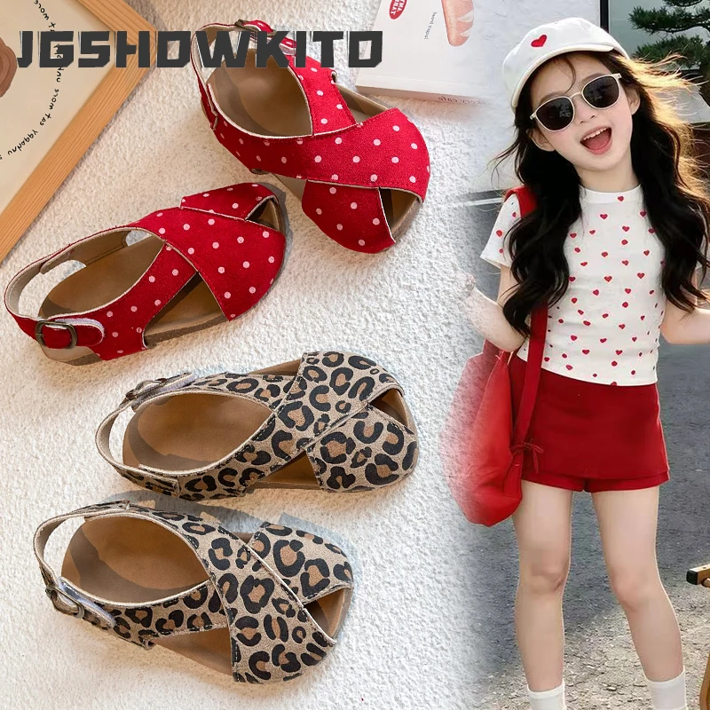 

JGSHOWKITO Girls Leopard Sandals Fashion Classic Cross Tied Sweet Red with Dots Princess Kids Summer Beach Shoes Peep Toe 23-33