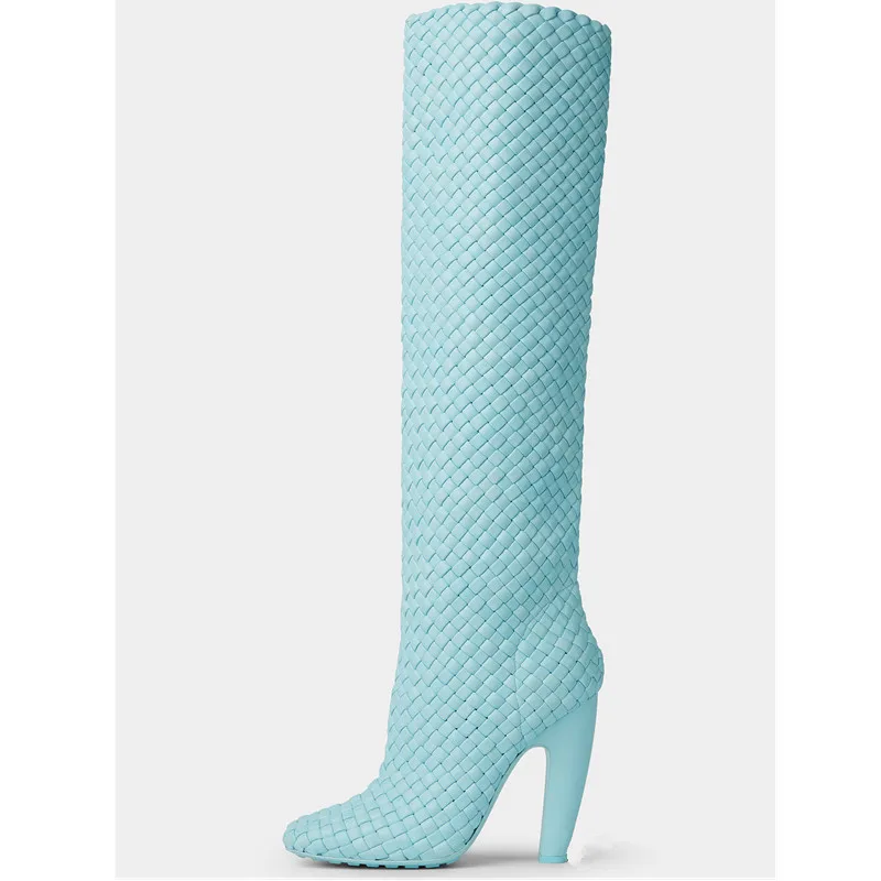 

Women Knee High Boots Woman's Round Toe Crude Heel Weave Slip-On Europe America Long Botas Mujer 2025 Ladies Catwalk Party Shoes