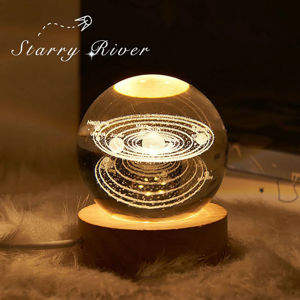 3D Galaxy Crystal Ball Lamp Crystal Ball Night Light With Wooden Base 3D Engraving Holographic Lamp For Home Desktop Decoration