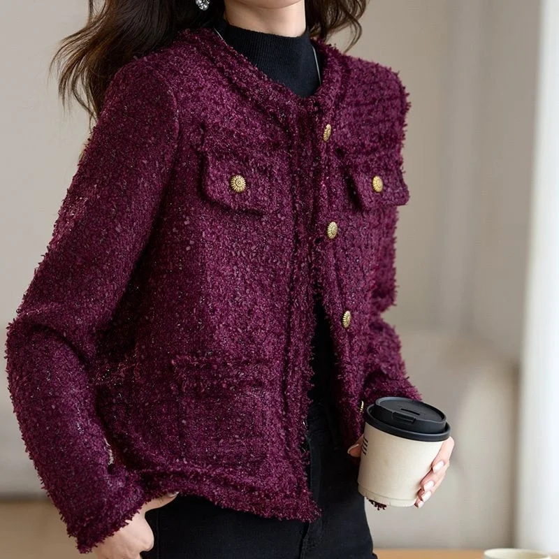 

Tweed Elegant Jackets Women Korean Fashion O-neck Long Sleeve Short Coats New Female Small Fragrance Jacket Outerwear Chic Tops