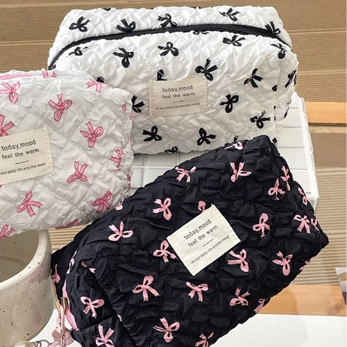 Imagen 2 del producto Bolso de mano cuadrado a la moda para mujer, bolsa de maquillaje portátil, bonita bolsa de almacenamiento de artículos de tocador y cosméticos, bolso con cremallera con estampado de lazo