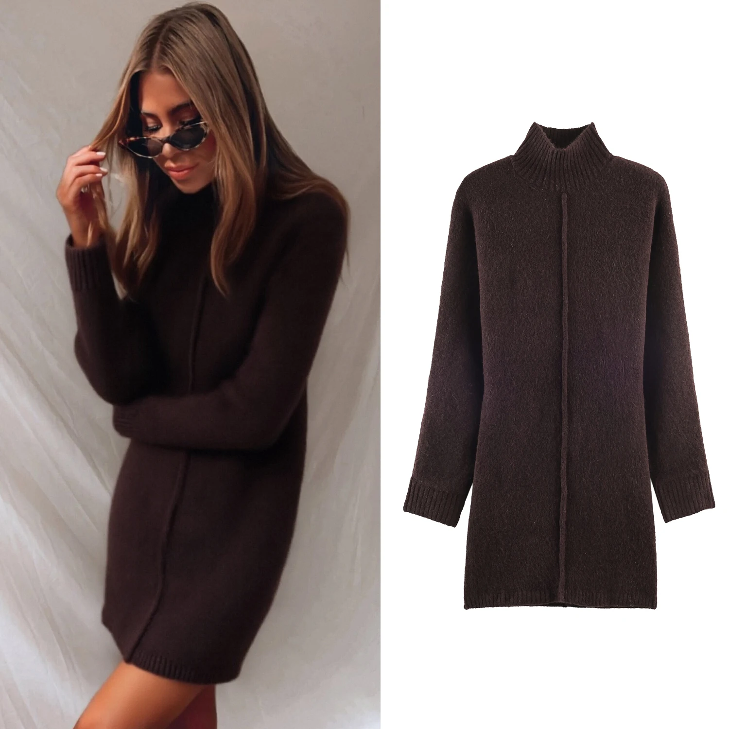 

Women's Coffee Knitted Sweater Spring Autumn New Female Stand Collar Slim Fit Long Sleeved Pullover Chic Lady Long Knitted Tops