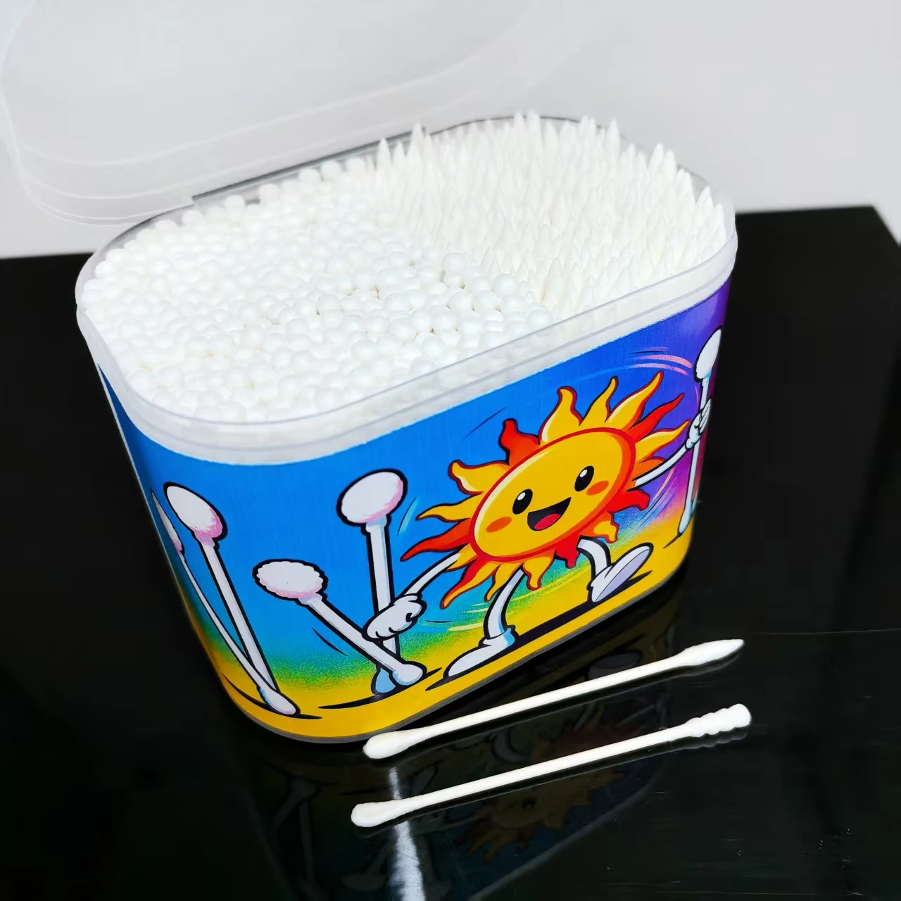 600 piezas de hisopos de algodón con patrón de sol creativo, caja de doble cabeza, hisopos de algodón, hisopos de algodón de doble cabeza de eje fino