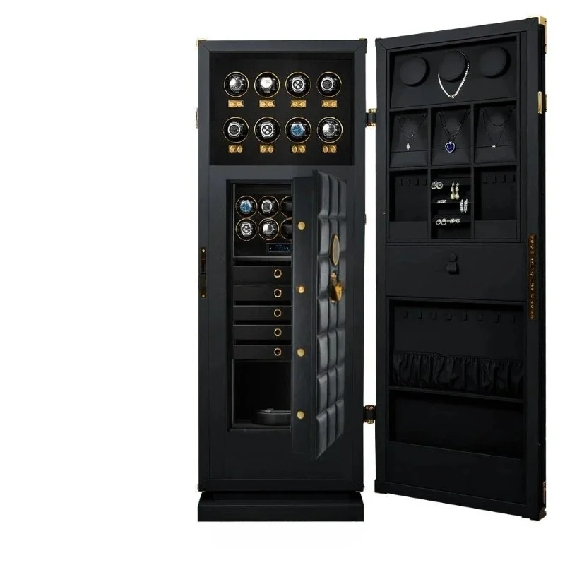 Genuine Leather Water-proof Fireproof Watch Winder Jewelry Storage Safe Double Safe Box Fingerprint Combination Lock