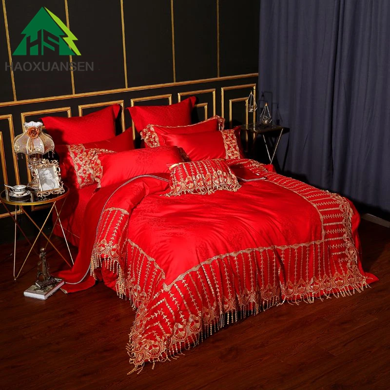 

Red Lace Design 4/6/9Piece Bedding Set Princess 100% Cotton Double Duvet Cover Bedspread Bed Sheets Pillowcase Cushion Cover