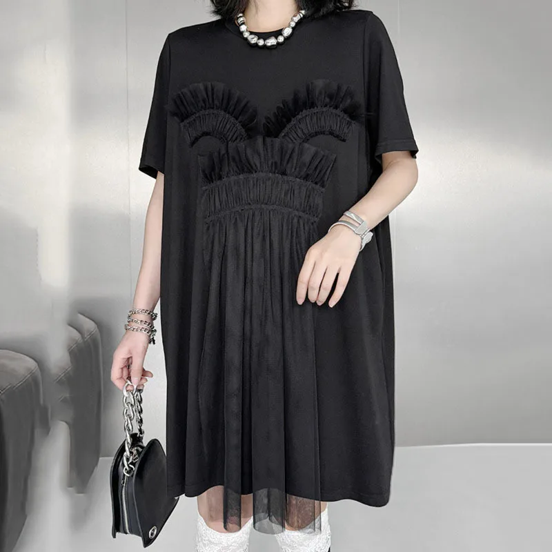 HKSH Herfst Nieuwe Vrouwen Niche Ontwerp Tij Donkere Streetwear Mode Mesh Patchwork Jurk Trend Losse Halflange T-shirt Jurk HK8266