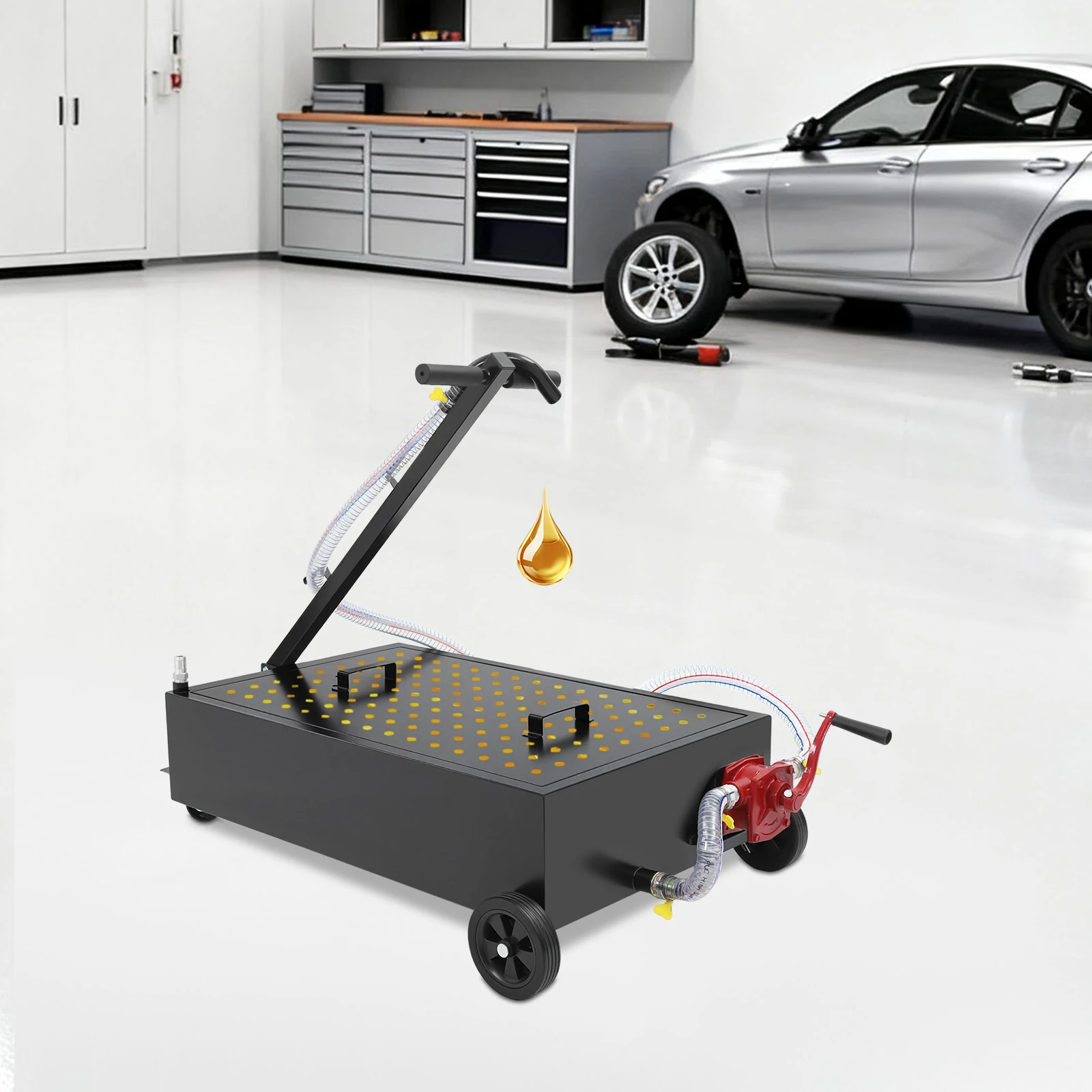 Black Oil Drain Pan 15 Gallon, Manual Rotary Pump Oil Drainer With 7.2ft Hose & 4 Wheels, 15gal Steel Waste Fluid Catch Tank for Car Truck SUV