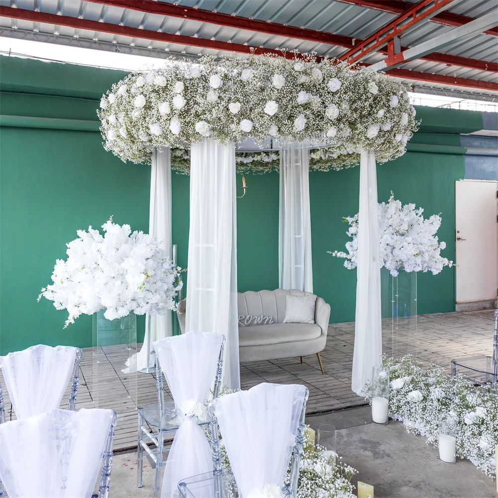 Wedding Party Flores Arificiales Decoration Round Pavilion Stage White Babybreath Rose Silk Flores Artificiales De Alta Calidad