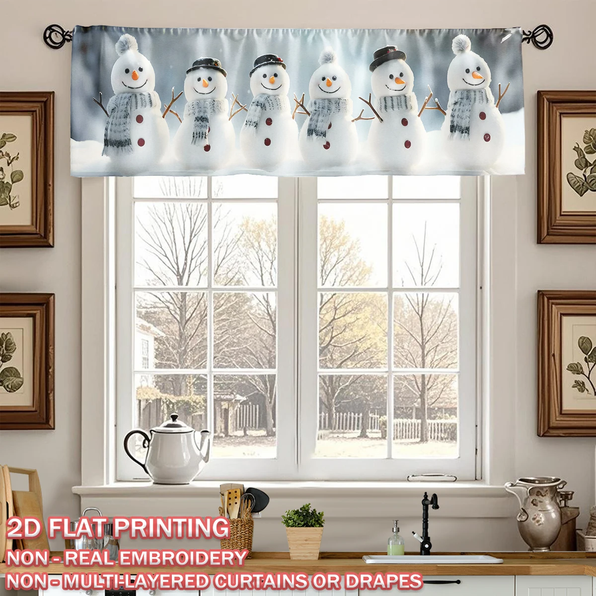 Christmas Flat Printing Kitchen Window Valance With Christmas Winter Cute Snowman Gathering For Home Party Door Window Decor