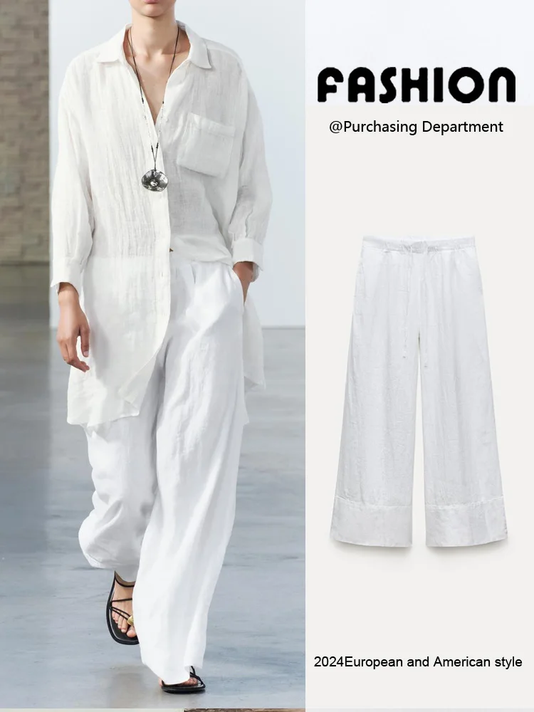 새로운 여름 여성 캐주얼 와이드 레그 팬츠 신축성있는 허리 심플 매치 스트레이트 컷 롱 바지 편안한 패션 통근 스타일