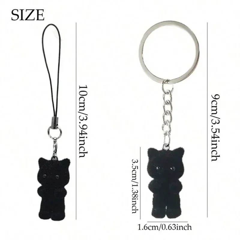 Cute 3D Flocking Black Kitten Keychain Little Cat Couple Mobile Phone Pendant Car Keyring Earphone Backpack Charms Bag Decor