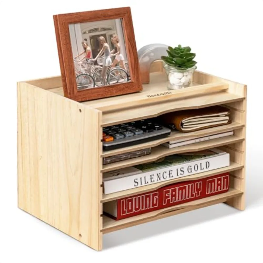 

Becko US File Organizer for Desk Desktop Wooden Paper Sorter with 5 Adjustable Shees Wood File Mail Letter Folder Holder for Sc
