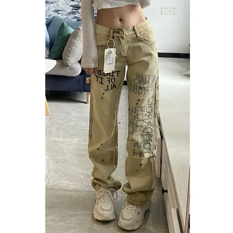 

Hot Girl Embroidered Khaki Splash-Ink Jeans Women's 2022 Spring and Autumn High Waist Loose Straight Retro Trousers Ins Fashion