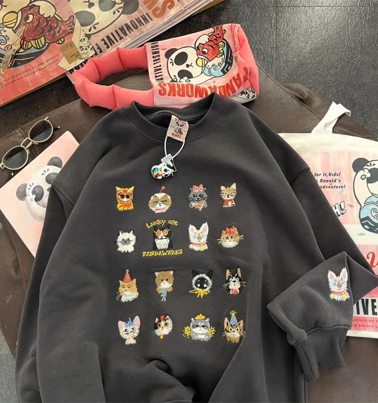 Extra Large 300 Pou Embroidered  Print Fce Lined Loose Long Sve Hoodie Women's Autumn Winter Faion 240 Pou