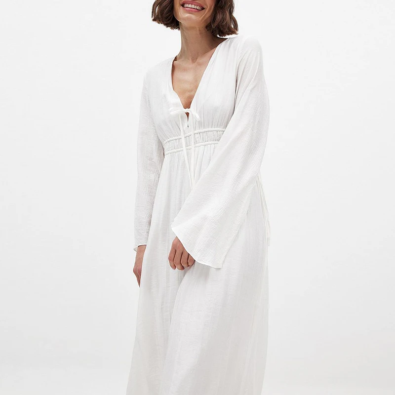 レディース タイ コットンリネン フロントカフタンワンピース 春新作 フレア ロングスリーブ ゴムウエスト ゆったりフィット バケーションワンピース
