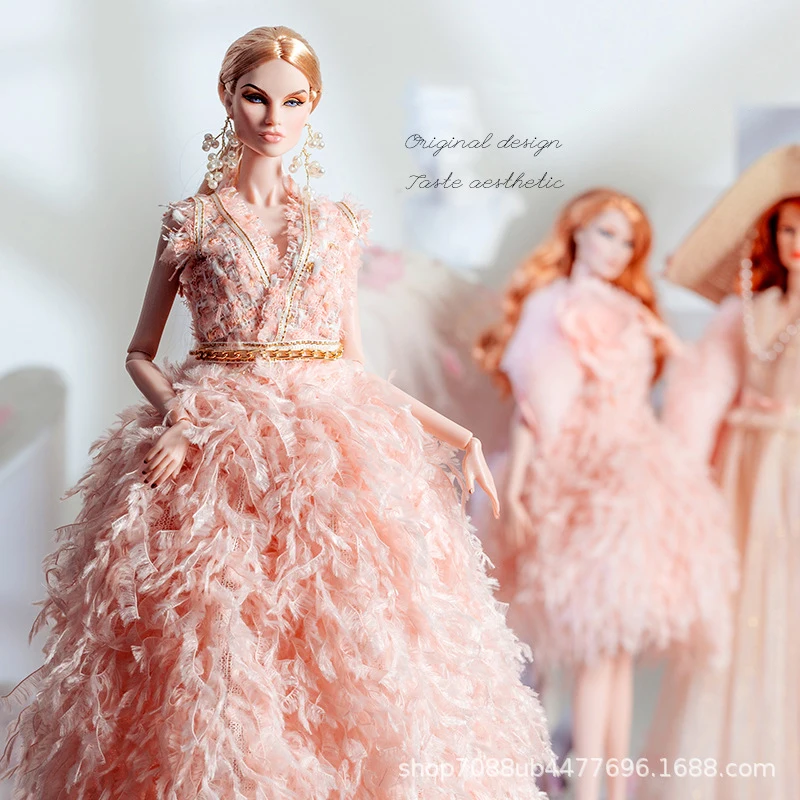 Moda europejska sukienka z piór spódnica z gazy wykwintny zestaw akcesoriów 1/6 Supermodel ubranka dla lalki garnitur DIY zabawki kolekcjonerskie prezenty