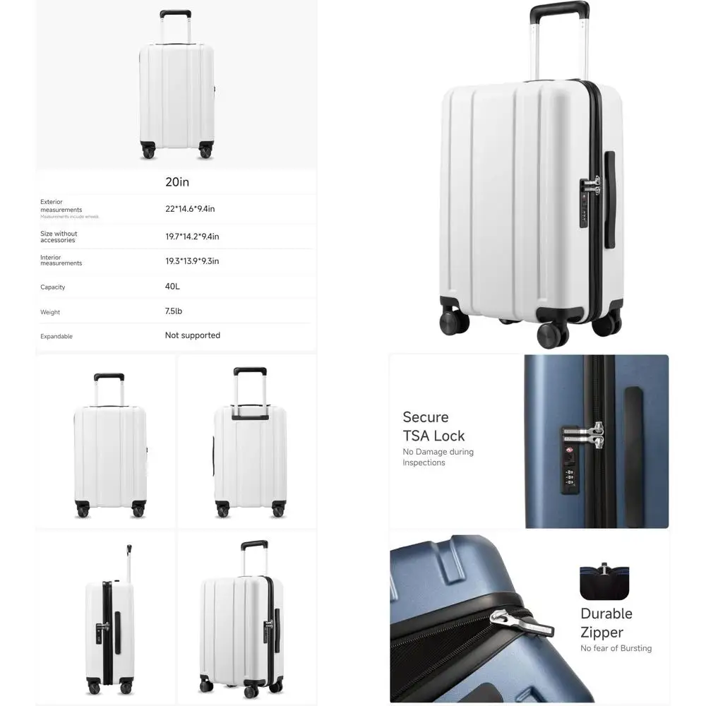 

20-дюймовый чемодан из 100% поликарбоната с гладкими колесами-спиннерами, замком TSA, объемом 40 л, белый