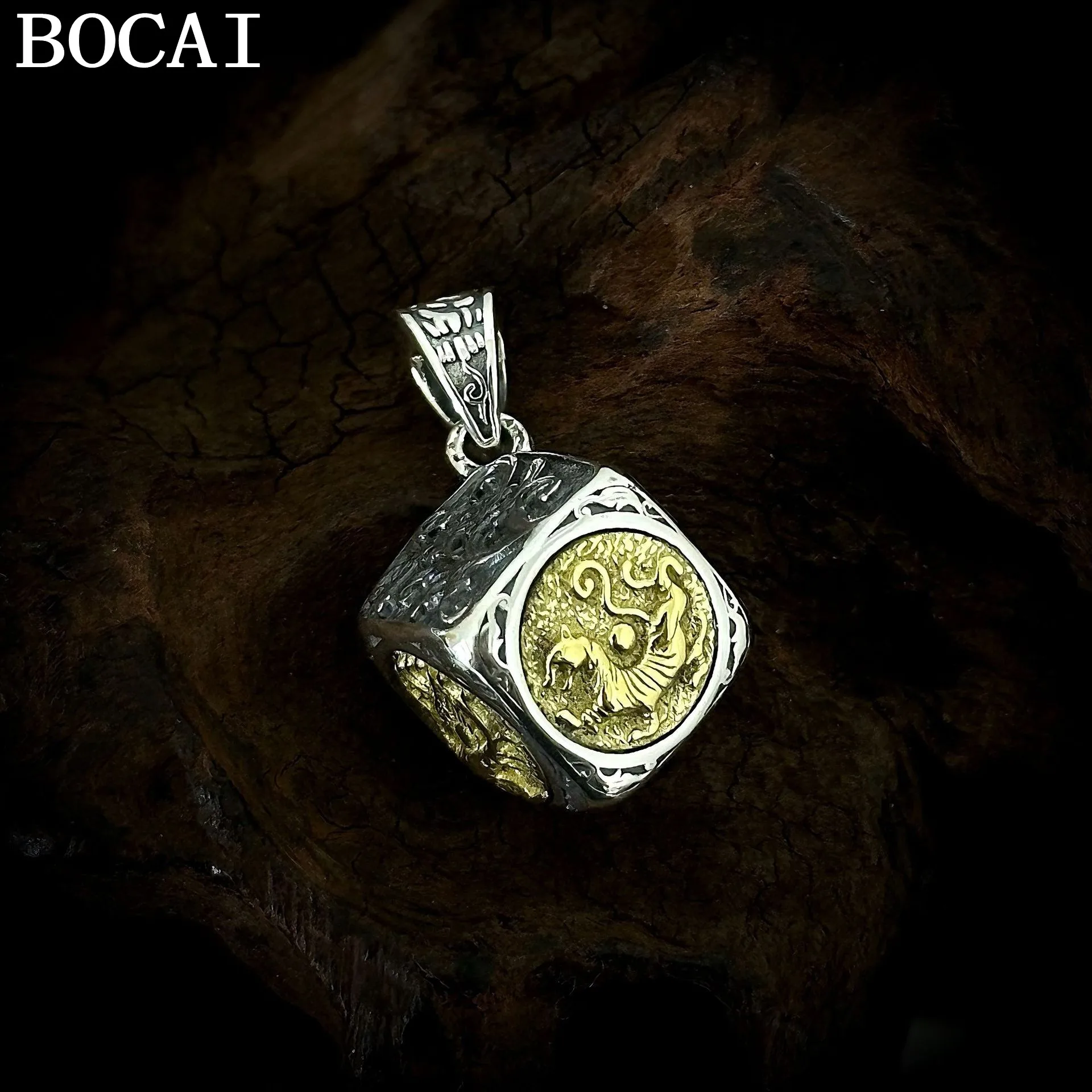 

BOCAI New S925 Silver Jewelry Vintage Chinese Style Tang Grass Four Divine Beasts Pendant Selected Gifts For Men And Women