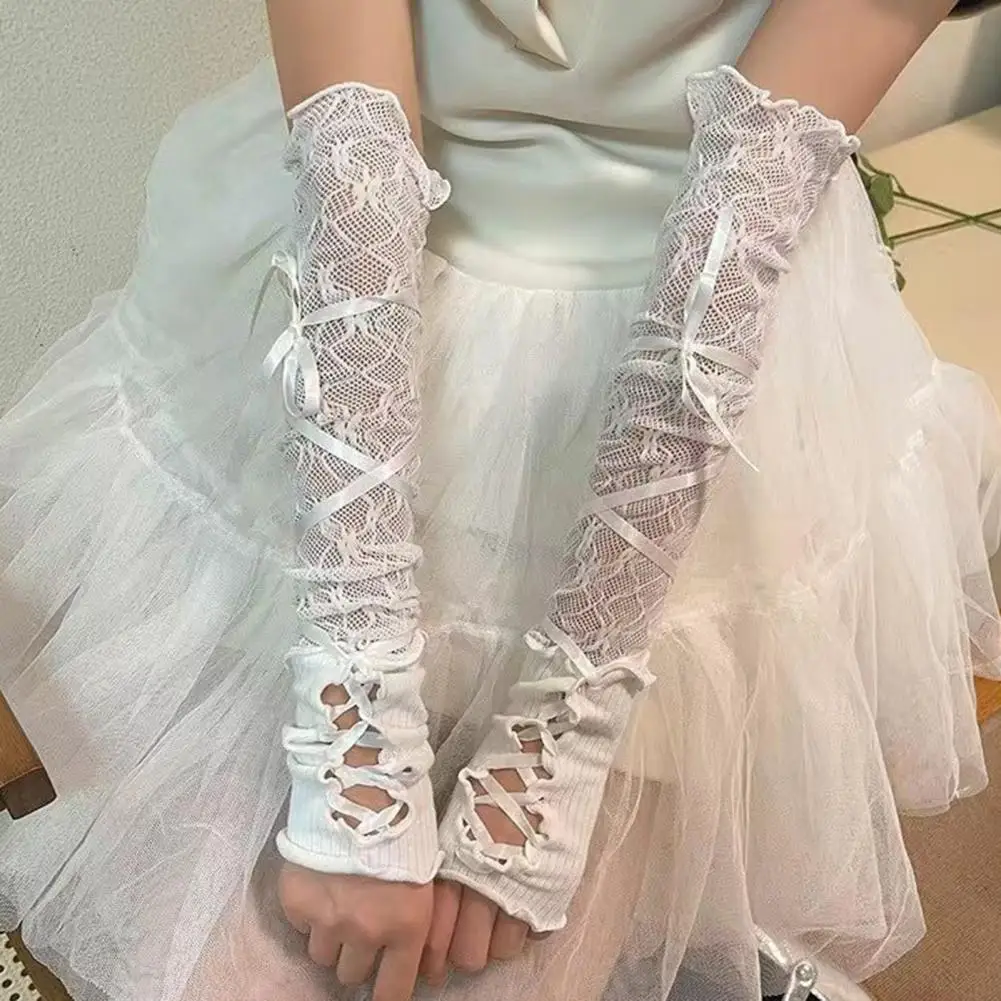 1 زوج المرأة حفلة موسيقية أكمام أذرع تبريد الدانتيل زهرة التطريز أصابع Shirring العروض العروس الزفاف صور الدعامة أصفاد للذراع قفازات