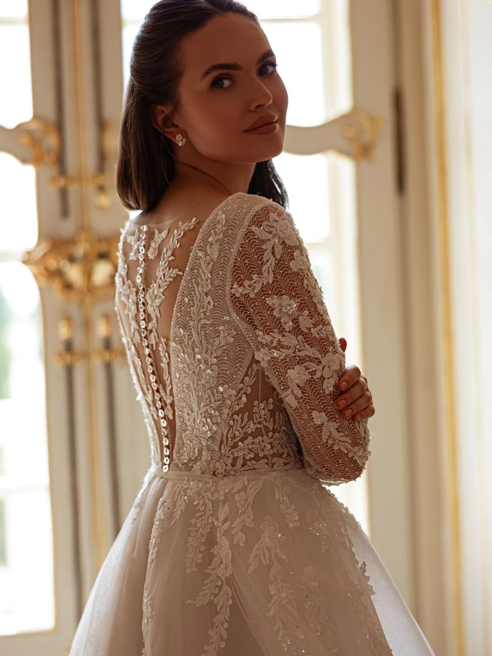 Robe de mariée trapèze en Tulle à paillettes de rêve, effet d'illusion, décolleté en v profond, robes personnalisées à manches longues pour mariée