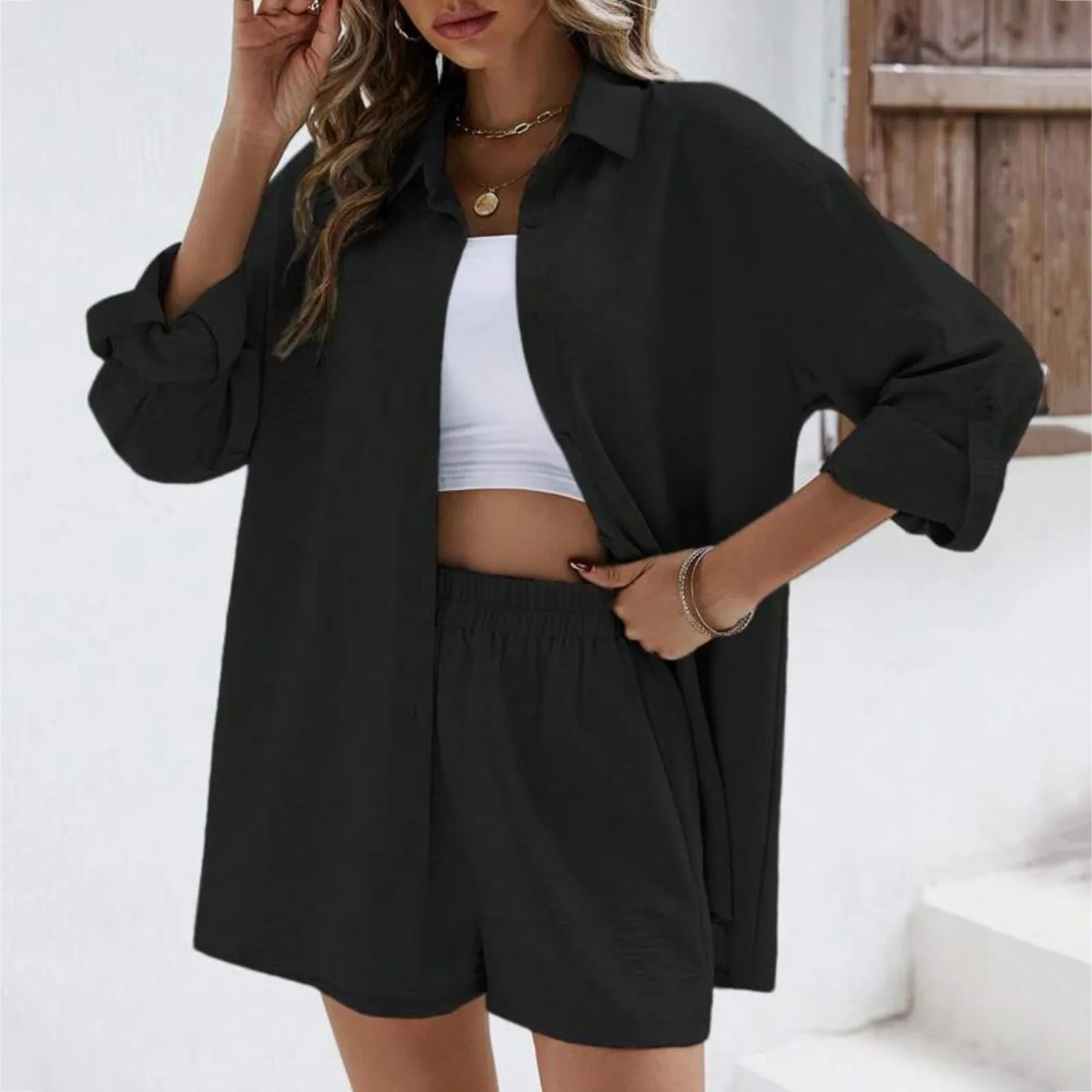 2024 New Women Casual Long Sleeve Shirt Tops And High Waist Shirts Shorts Two Piece Sets Solid Shorts Suit Fashion Outfits Stree