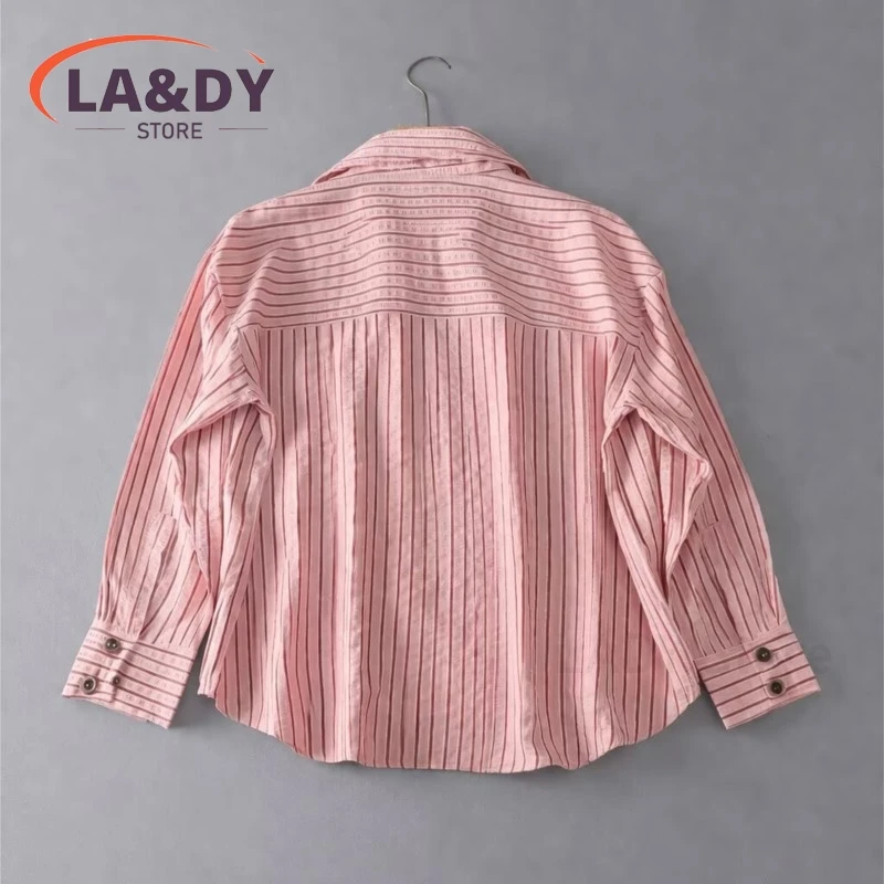 Women's Striped High Neck Button-Up Blouse Top with Long Sleeves