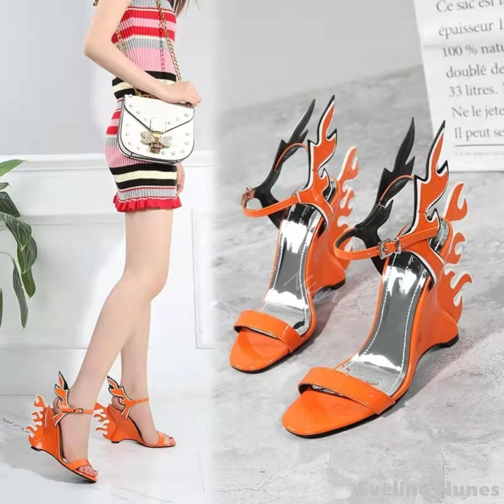 Mixed Colors Flame Shape Wings Sandals Women Strange Style Wedges Open Toe Leather Sandals 2024 Summer New Fashion Luxury Shoes