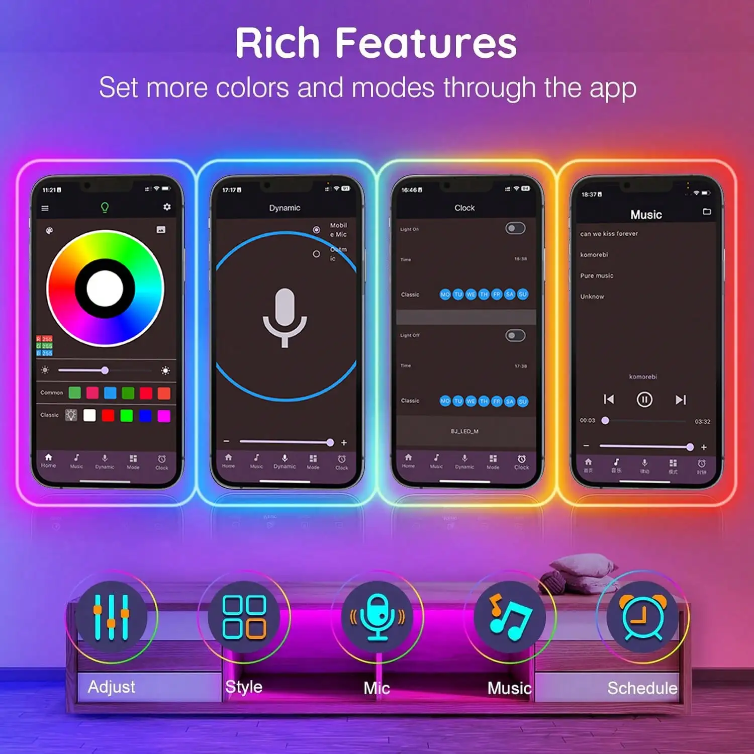 ไฟ LED แถบยาว 16 ฟุต-100 ฟุต ซิงค์กับเสียงเพลง พร้อมรีโมท 44 ปุ่ม และควบคุมผ่านแอป สำหรับตกแต่งห้อง งานปาร์ตี้ และวันหยุด