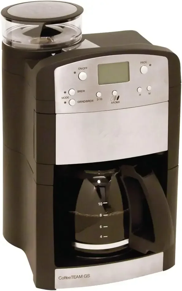 

Кофеварка CoffeeTeam GS на 10 чашек с цифровым управлением, конической кофемолкой, стеклянным графином, черная, 15.5" x 9.5" x 9.75"