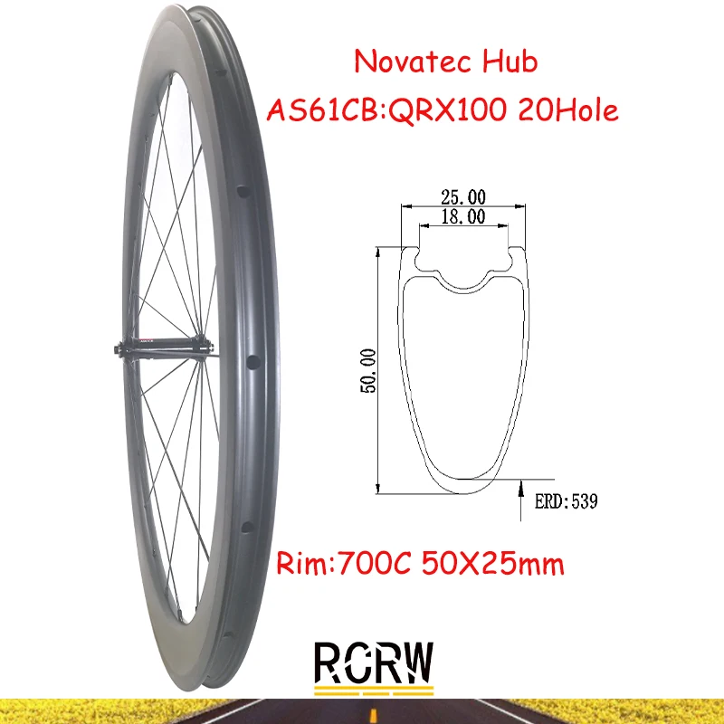 700C Road 50x25mm Front Wheelset Carbon Rim 20Hole Basalt V Brake Tubeless Clincher 50 Wide 25 Deep Novatec  AS61CB QRX100mm Hub