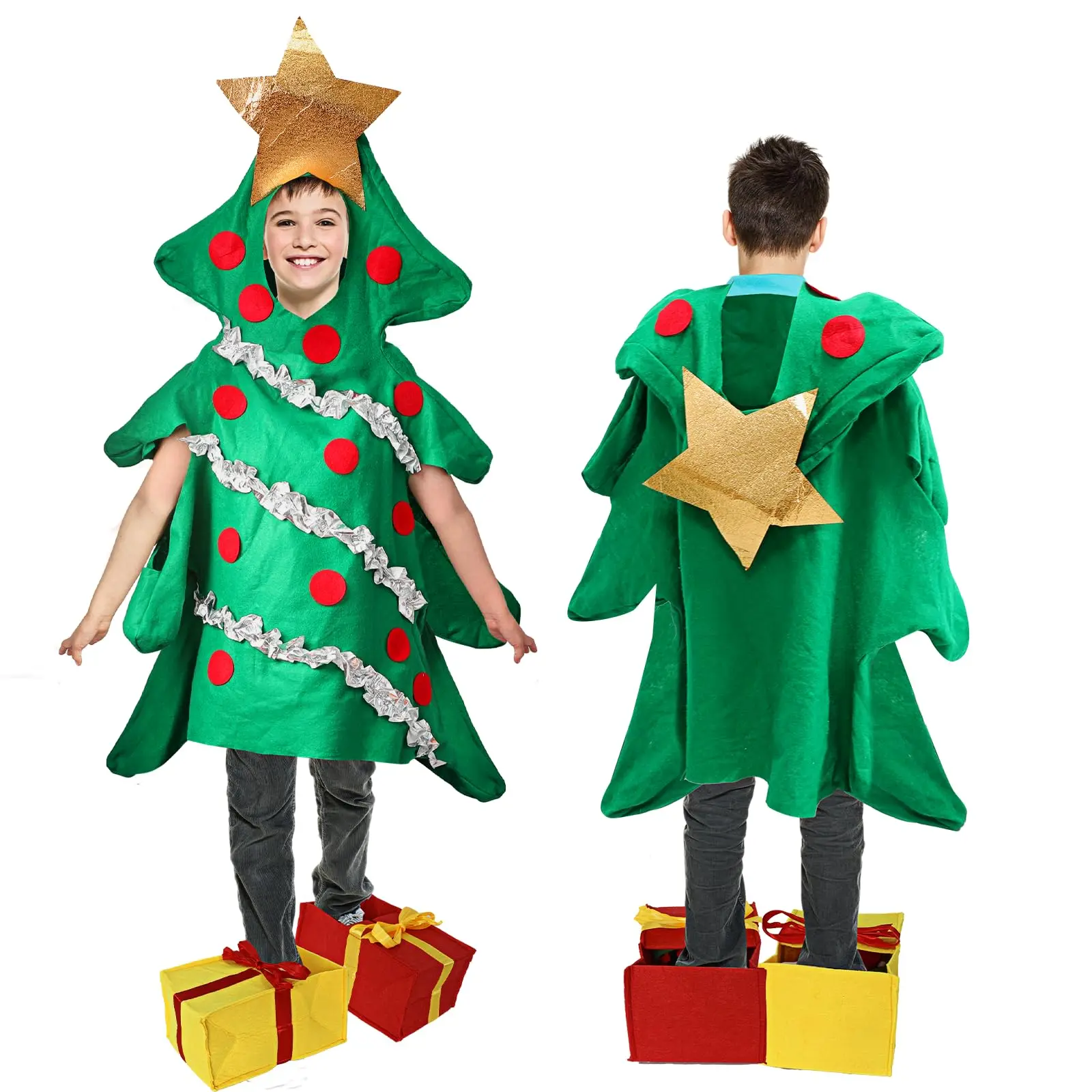 

Boys Girls Christmas Tree Costume Adult Christmas Onesie with Gift Shoes Covers for Halloween Costume Cosplay