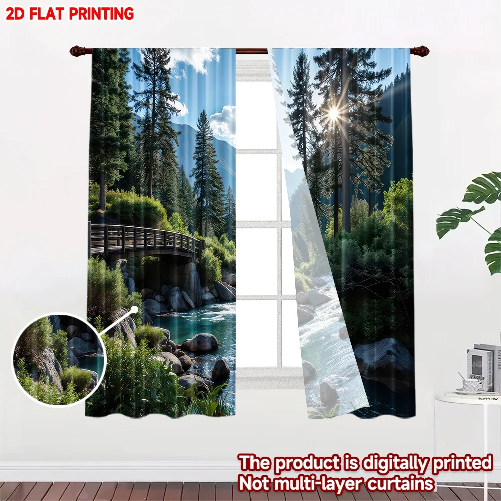 2D flat printing 2pcs Party Window Curtains Sunlit Mountain Stream Digital Printed Polyester Drapes Festive Holiday for Photo