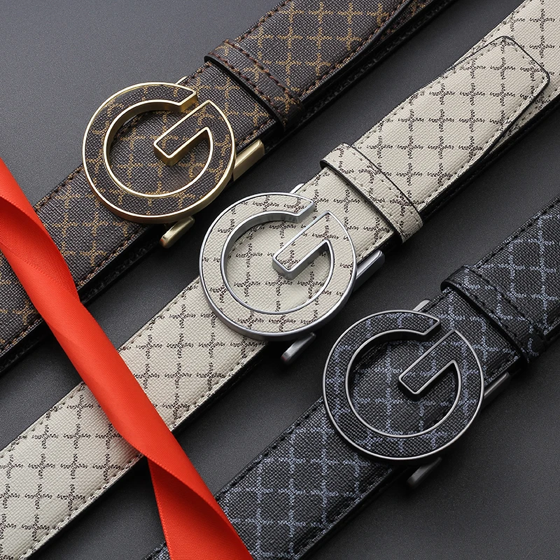 Fashion Men Auto Buckle Belt Rhombus Print PU Leather Waistband Circular Metal Buckle Business Casual Male Belt For Daily Wear