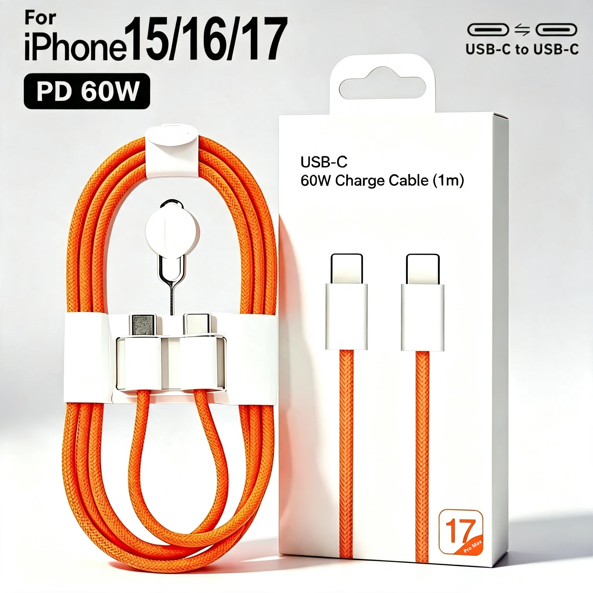 PD 60W USB-C to USB-C Fast Charging Cable For iPhone 15 16 17 Pro Max Samsung Moto Xiaomi Redmi Type-C Braided Cable 1m With Box
