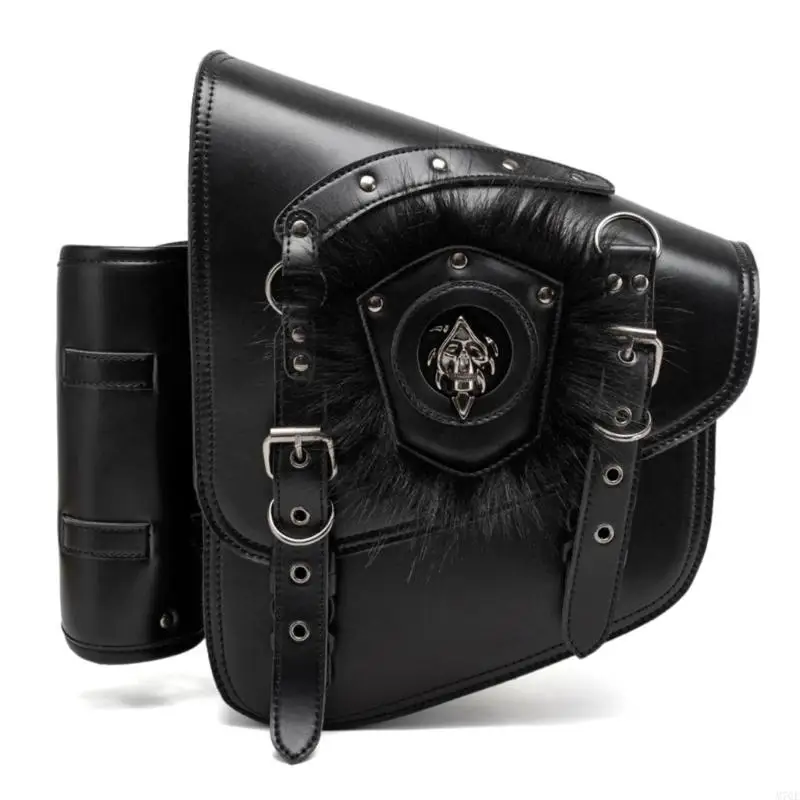M76E Motorrad-Satteltaschen-Paar für seitliche Aufbewahrung mit Nietenverzierung, Totenkopf-Abzeichen und Schnallenriemenklappe – Detail 3