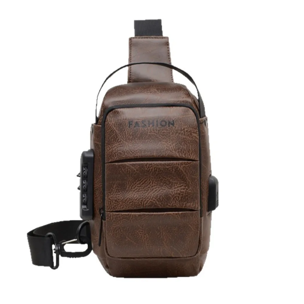 

Casual Anti Theft Password Lock Men's Chest Bag with USB Port PU Waterproof Shoulder Bags Travel Chest Bags for Outdoor Sports