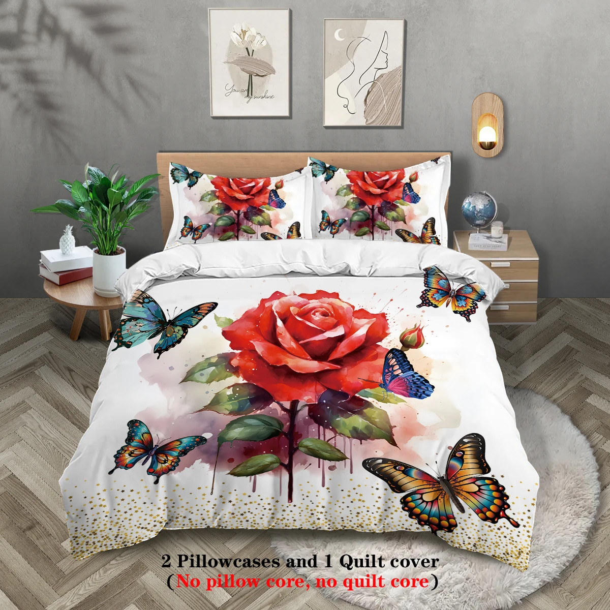 3pcs rose garden printed bedding set, soft and comfortable, for women bedroom, queen, king, twin bed, 1*duvet cover+2*pillowcase