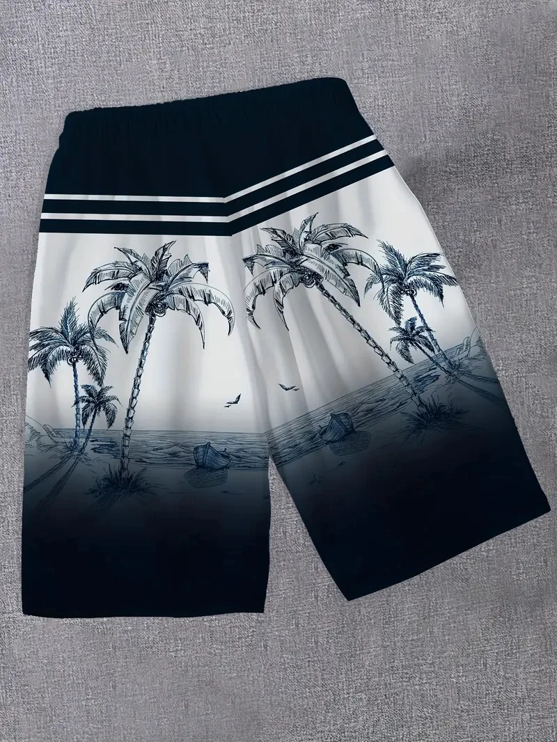 Trendy Palm Tree Pattern Beach Shorts For Men Fashion Summer Holiday Vacation 3D Printed Swim Trunk Casual Oversized Board Short