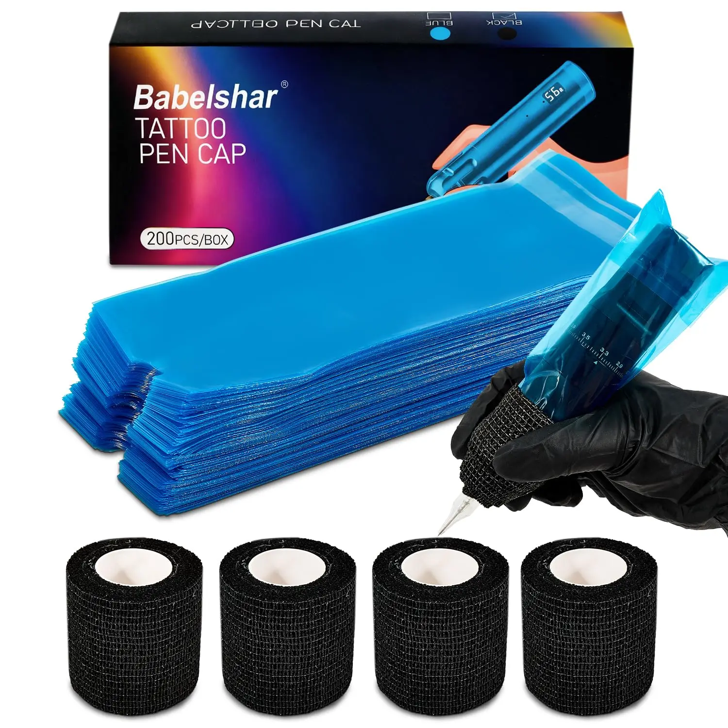 

200 Blue Tattoo Machine Covers & 4 Black Grip Tape, 7.2x2.5 Inch Disposable Sealable Pen Bags