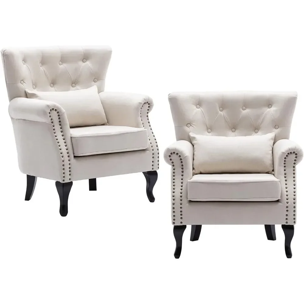 

Mid-Century Modern Accent Chairs Set of 2, Comfy Tufted Single Sofa Chair Wingback Armchair with Pillow for Club, Living Room