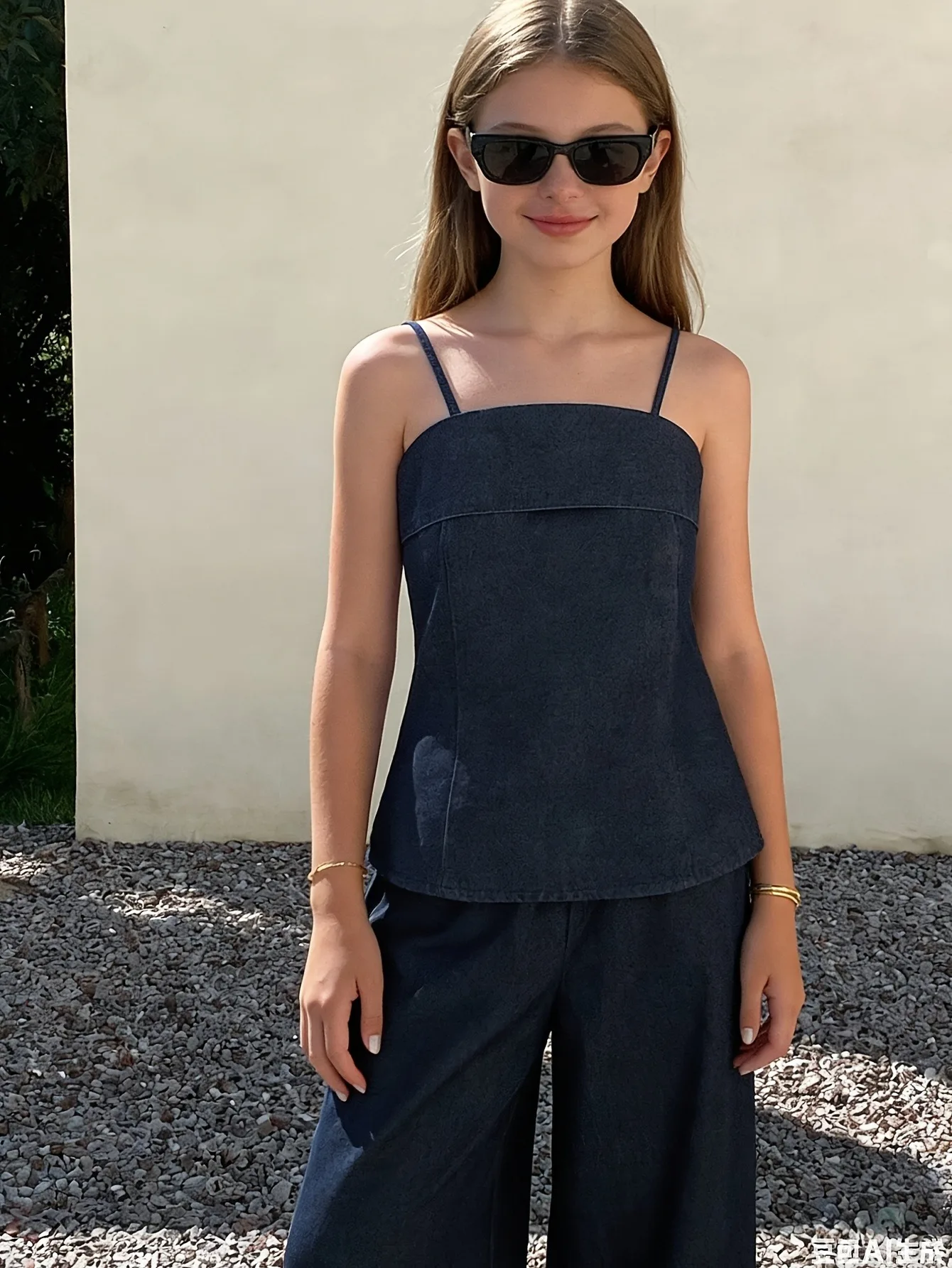 Children Denim Matching Set Spaghetti Strap Camisole High Waist Wide Leg Pants Teenage Girls Summer Photo Shoot Outfits