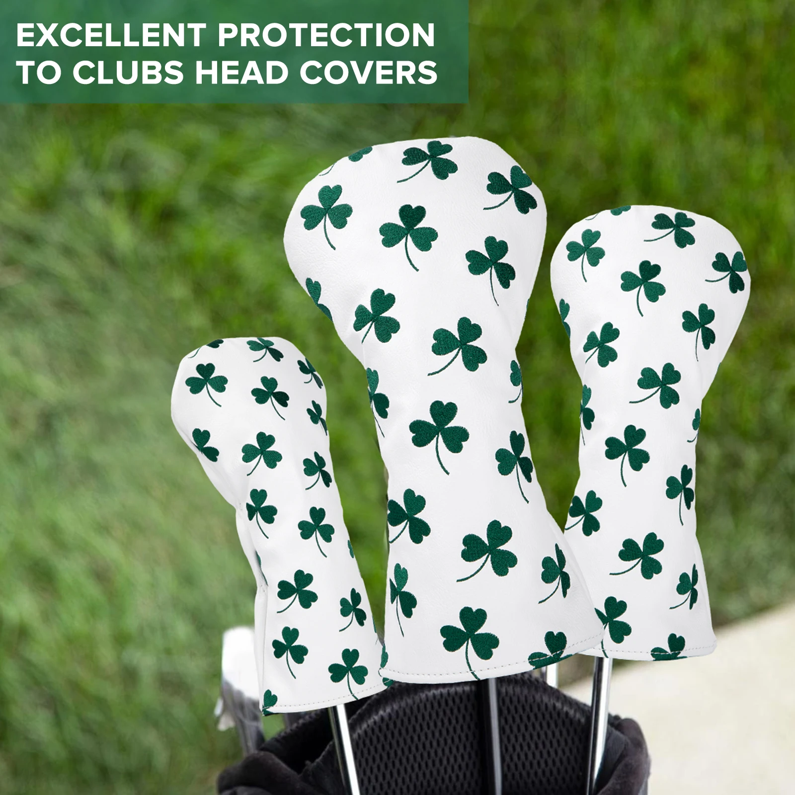 White Premium Leather Lucky Clover Golf Headcovers, Embroidery Golf Driver Fairway Wood Hybrid Head Cover with Number Tag