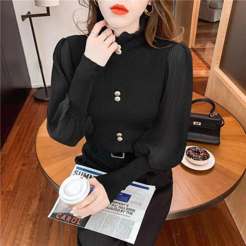 Spring New Chiffon Patchwork Knitting Sweaters Tops Long Sleeve Solid Slim All-match Pullovers Elegant Fashion Women Clothing