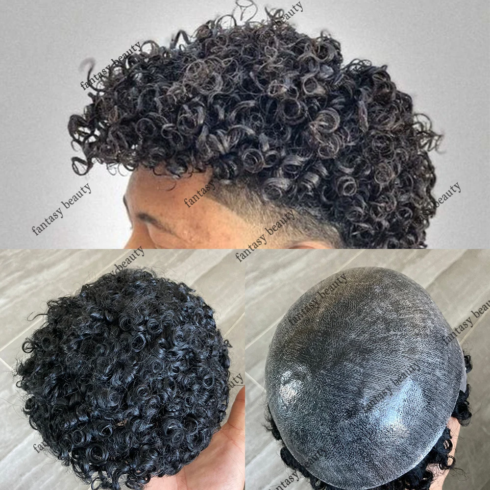 Parrucche da uomo afro ricci da 15 mm Parrucchino per capelli umani naturali al 100% Sistema di sostituzione della pelle sottile durevole Protesi