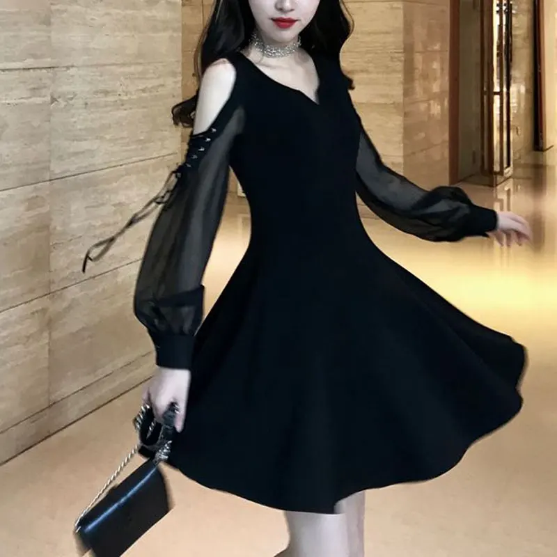 Elegant Off Shoulder Drawstring Dresses Women\'s Clothing Long Sleeve Casual V-Neck Spring Autumn Solid Color A-Line Mini Dress