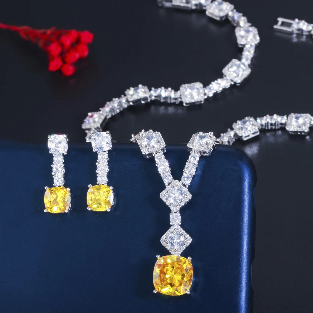 ThreeGraces Elegant Yellow CZ Crystal Silver Color Big Square Drop Earrings Necklace Wedding Party Jewelry Sets for Women TZ581