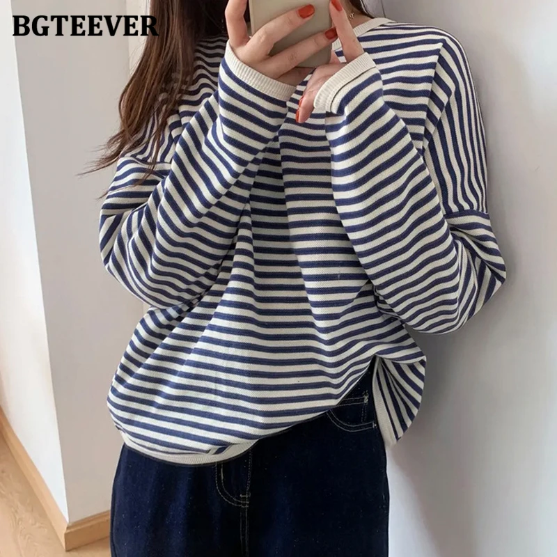 BGTEEVER Casual O-neck Striped Pullovers Women Long Sleeve Loose Spring Autumn Women Sweatshirts Vintage Female Tops