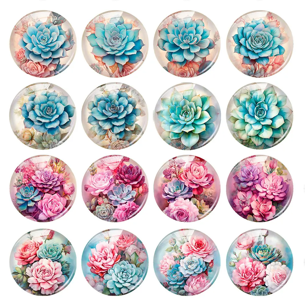 Random Mixed Round/Oval/Square Succulent Plants Flower Photo Glass Cabochon Flatback Demo Cameo For Diy Jewelry Making Handmade