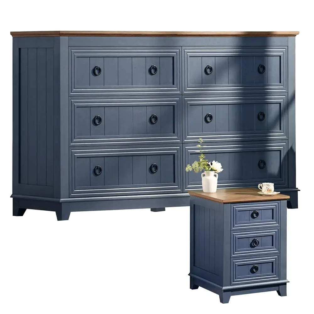 

Farmhouse Dresser And Nightstand Sets 2 Piece, Nightstands And 6 Drawers Dresser For Bedroom, 54"" Wide Dresser And 18"" H