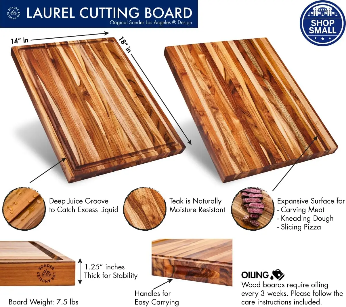 Large Teak Wood Cutting Board for Kitchen with Juice Groove,Reversible Charcuterie Butcher Block 18x14x1.25 in Gift Box Included